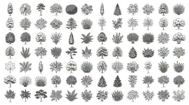 Set of various trees and shrubs