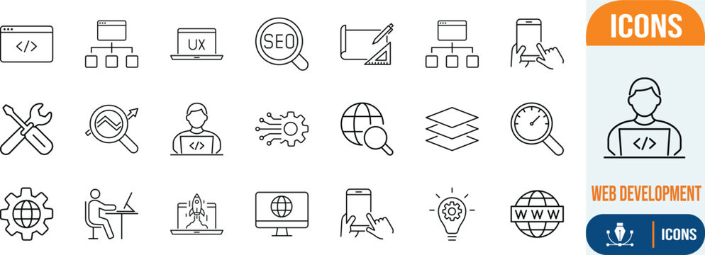 Web development digital marketing icons. seo icon set, code icon set, mobile icon set
