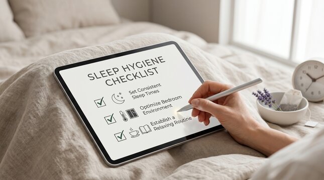 Person using tablet with sleep hygiene checklist in bed with clock and tea