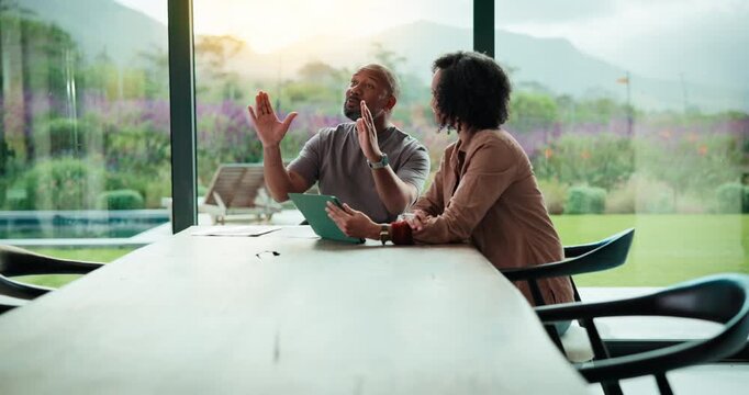 Smile, couple and talking with tablet at house for research, planning and ideas for renovation. African people, digital and discussion for interior design, remodeling upgrade and property expansion