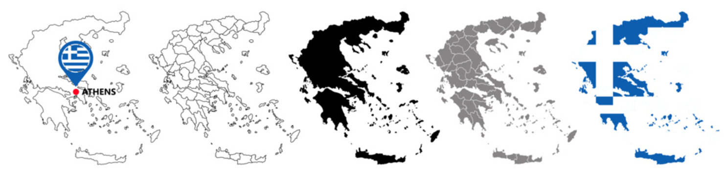 set vector Greece map infographic icon collections. High detailed stylized Greece map flag, border, 3D geometric, silhouette. Greece map pinned symbol design vector illustration