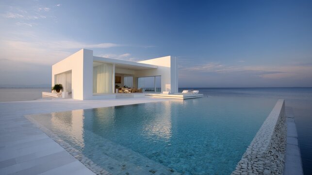 50.Luxury sustainable house exterior with minimalist white design, clear pool water, serene sky backdrop, calm and refined modern living atmosphere