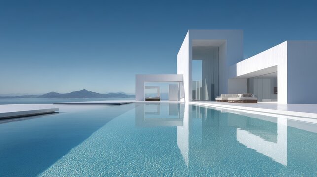 50.Luxury sustainable house exterior with minimalist white design, clear pool water, serene sky backdrop, calm and refined modern living atmosphere