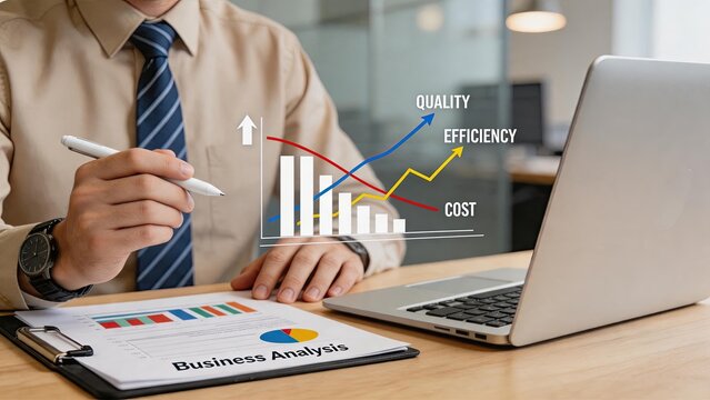 Businessman analyzing financial data, business analysis report with rising quality and efficiency graphs while cost decreases on wooden desk in modern office environment