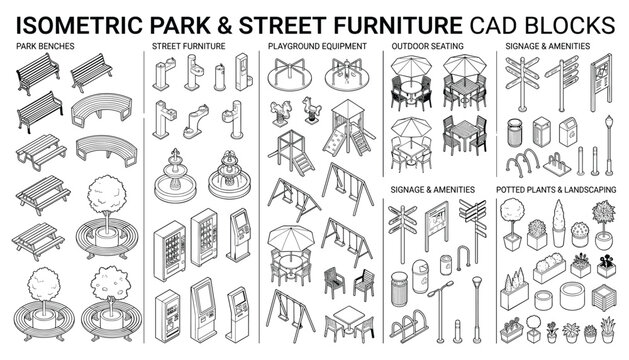 Isometric vector illustration set of park and street furniture cad blocks for landscape design projects.