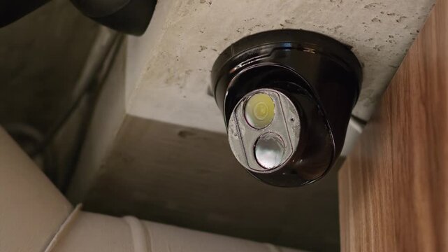 Modern dome security camera mounted on concrete ceiling indoors.