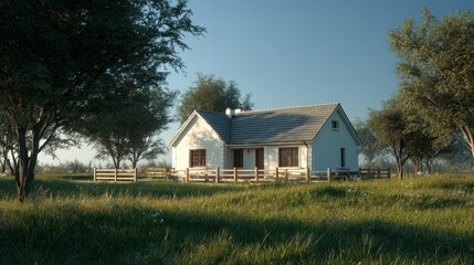 Obraz premium 12.Detailed 3D render of cottage house architecture, daytime scene with green lawn grass, soft shadows, natural light, peaceful countryside mood