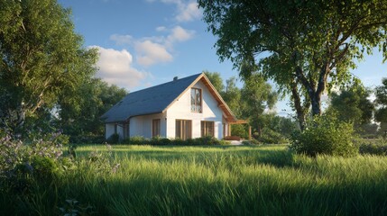 Obraz premium 90.Detailed 3D render of cottage house architecture, daytime scene with green lawn grass, soft shadows, natural light, peaceful countryside mood
