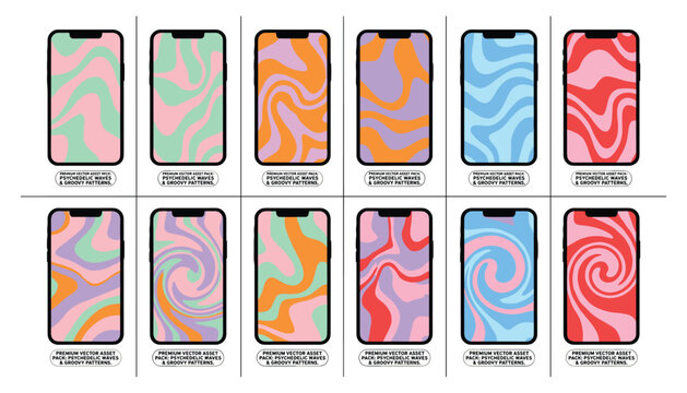 Psychedelic wave patterns for mobile wallpaper vector pack colorful wavy organic abstract groovy designs.