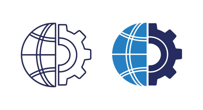 Global network gear system integration icon: Glyph and solid icon set - Icon vector - Editable line icons. Vector illustration