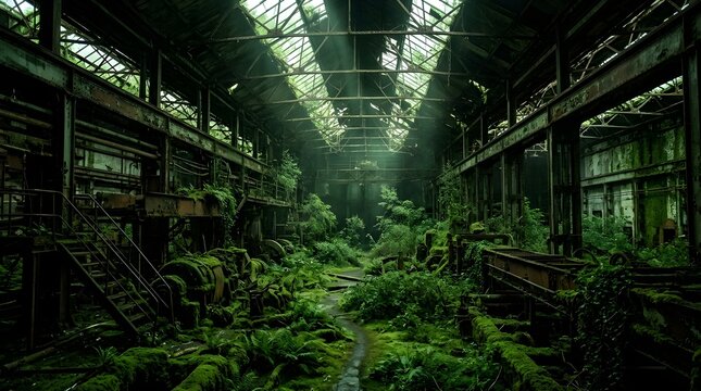 Overgrown vegetation invading abandoned industrial factory with dramatic moody lighting
