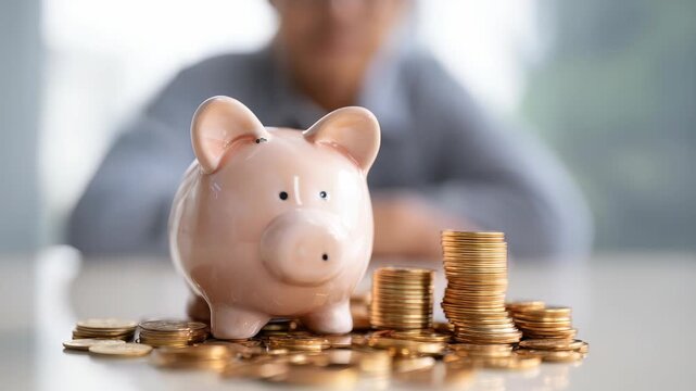 A close up of a piggy bank and coin stacks highlights the concept of saving money and building wealth. The image conveys financial security, investment, and economic growth in modern life