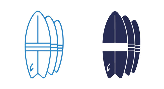 Surfboard stack collection icon set: Glyph and solid icon set - Icon vector - logo icons. Blue, Black and white icons