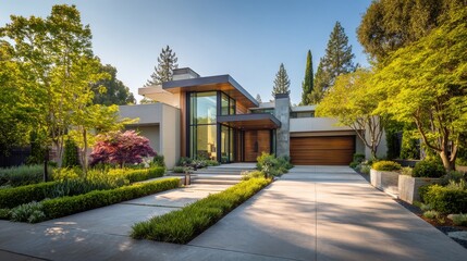 Obraz premium 73.Clean modern driveway scene with contemporary house exterior, manicured garden borders, natural light, refined residential setting