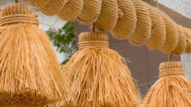 Traditional Shinto Shimenawa Sacred Rice Straw Rope with Tassels in Kanazawa