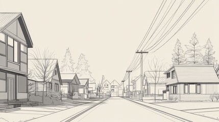 Fototapeta premium 102.Vector line art cityscape showing a quiet neighborhood street, varied building outlines, clean minimal strokes, suburban town illustration