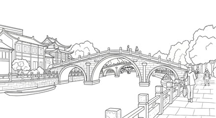 Obraz premium Historic Stone Bridge Over Scenic Urban Canal Sketch.