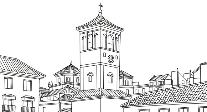 Detailed Line Drawing of Historic Church Tower and Buildings.