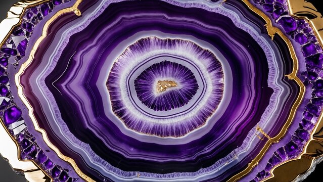 Luxury purple amethyst and agate geode texture. Abstract violet gemstone background with elegant gold veins