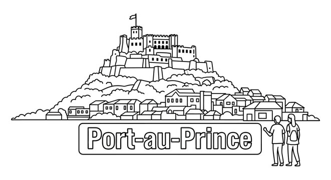 Illustrated Scenic View of Port au Prince Landmark and Tourists.
