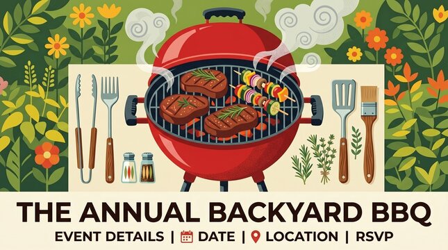 Backyard BBQ Event Invitation Template with Red Grill and Food