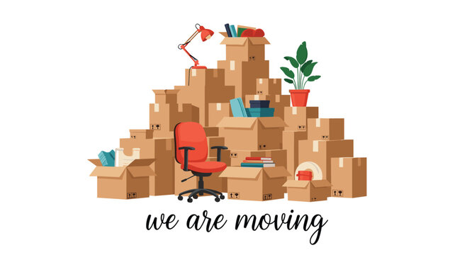Large stack of cardboard moving boxes with an office chair, lamp, and plant accompanied by the text We Are Moving below.