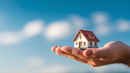 Naklejka premium 16.Conceptual image of a human hand gently holding a small house model, clear blue sky in the background, bright natural light, home ownership and security concept