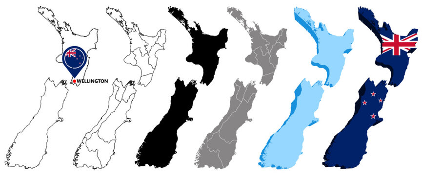 set vector New zealand map infographic icon collections. High detailed stylized New zealand map flag, border, 3D geometric, silhouette. New zealand map pinned symbol design vector illustration