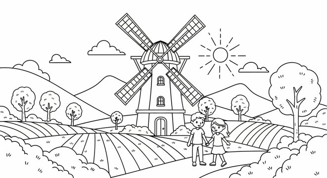 Whimsical black and white windmill farm illustration with couple.
