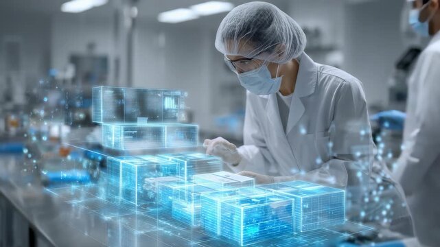 A female researcher in protective gear analyzes holographic projections in a high tech laboratory environment. Digital innovation and scientific research merge for groundbreaking discoveries
