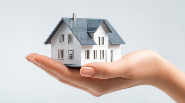 37.Human hand presenting a sleek modern home model, minimalist architectural details, bright white background, symbolic illustration of housing, property care and investment security