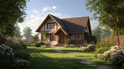 Obraz premium 11.Realistic 3D exterior visualization of a cozy cottage home, manicured grassy lawn, sunlight illumination, inviting rural residential atmosphere