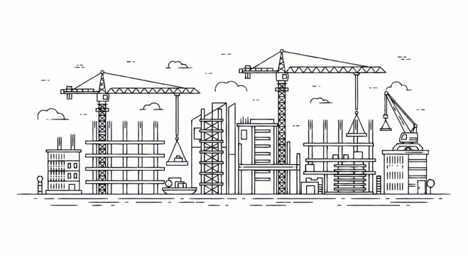 Construction site with cranes and buildings under development.
