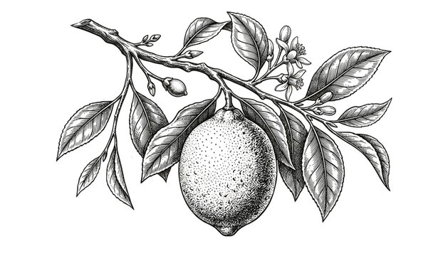 Detailed engraving illustration of a lemon on a branch with leaves and flowers isolated on transparent background vector art.