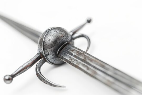 Close-up of an antique rapier sword's intricate basket hilt and sharp blade, showcasing detailed craftsmanship and historical significance against a clean backdrop.