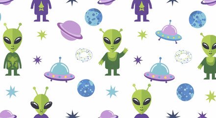 Cute cartoon aliens, spaceships, and planets create a whimsical extraterrestrial pattern. © Faiz