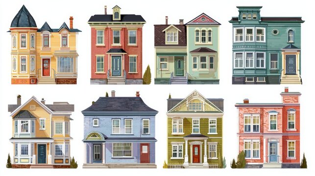 31.Residential architecture facade collection in flat vector style, urban and suburban homes, varied rooflines and windows, isolated background