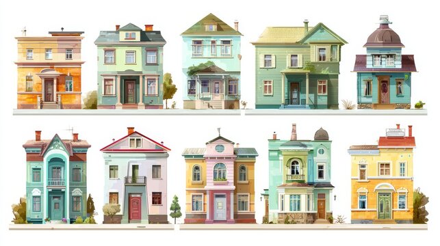31.Residential architecture facade collection in flat vector style, urban and suburban homes, varied rooflines and windows, isolated background