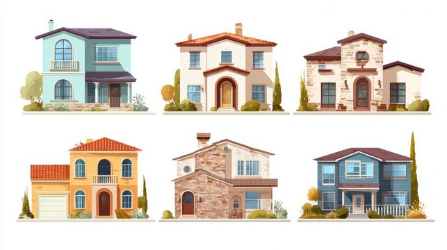 31.Residential architecture facade collection in flat vector style, urban and suburban homes, varied rooflines and windows, isolated background