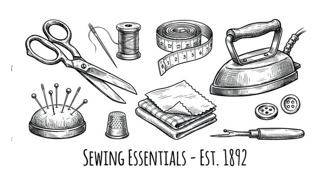 Collection of vintage sewing essentials and tools in a hand drawn sketch style, top secret stamp, vector.