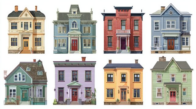 109.Residential architecture facade collection in flat vector style, urban and suburban homes, varied rooflines and windows, isolated background