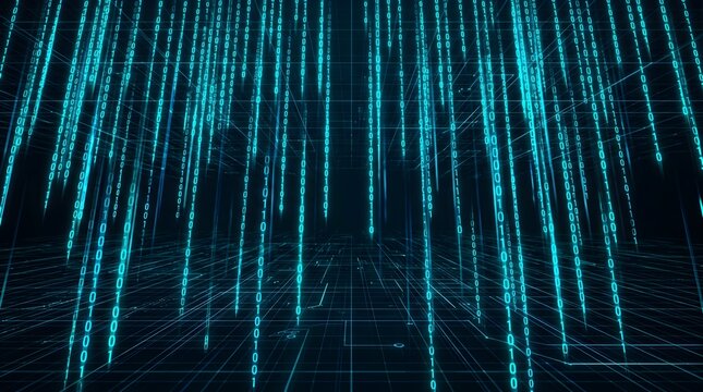Digital binary code rain falling on dark cyber grid background with neon glow