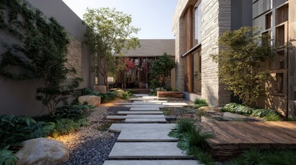 Fototapeta premium 09011024 69 69.Concept: A Driveway of a contemporary house with a garden area --ar 16:9 --v 7 Job ID: 76427fd3-a9b4-4b9f-8f3a-abc1a3e254c5