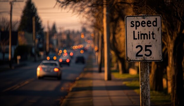 Urban street scene with substance limit sign indicating 25 miles per hour during sunset, with vehicles and trees lining the road
