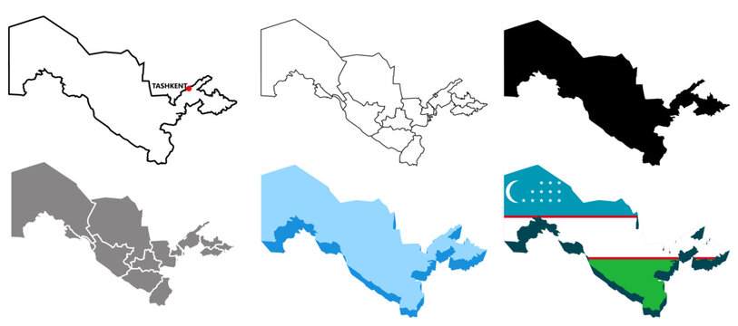 set vector Uzbekistan map infographic icon collections. High detailed stylized Uzbekistan map flag, border, 3D geometric, silhouette. Uzbekistan map pinned symbol design vector illustration