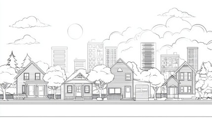 Obraz premium 104.Black and white line art illustration of a neighborhood cityscape, suburban architecture outlines, simple clean vector design