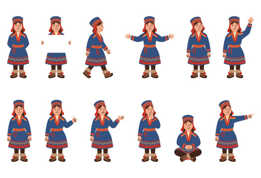 Sami woman character set in traditional clothes with poses such as standing, waving and pointing or talking. Person thinking, sitting and holding blank sign or showing thumbs up isolated on white