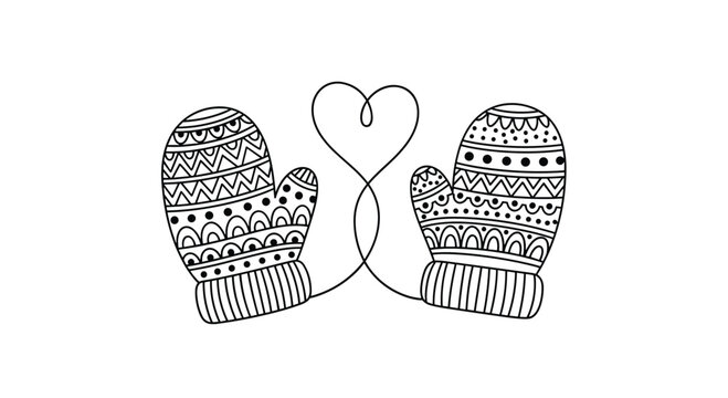 Coloring book page for kids featuring a pair of patterned winter mittens connected by a string that forms a heart shape in the center.