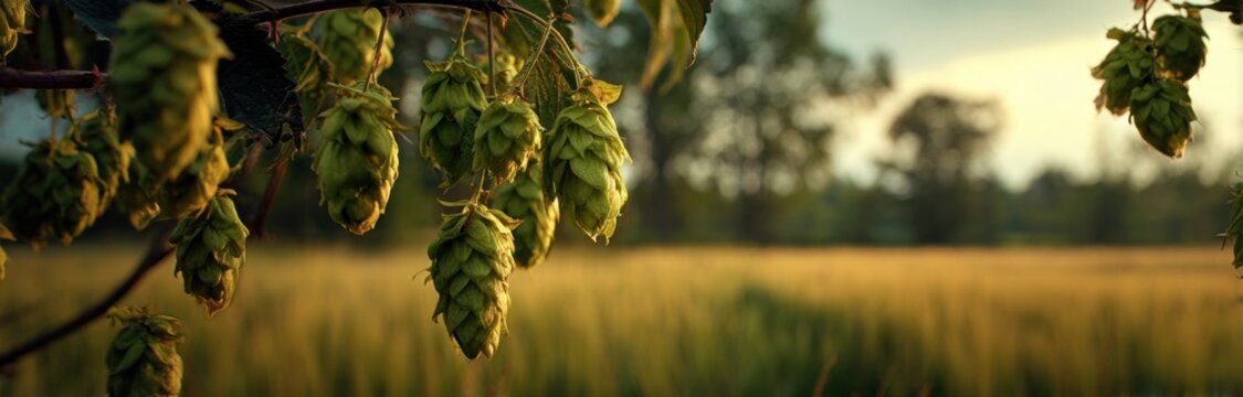 Vibrant green hop cones hanging from the vine in sunlight, showing textured, cone-shaped bracts and leafy stems in a natural setting