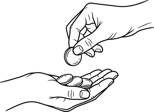 Line art illustration of a hand giving a coin to another hand.